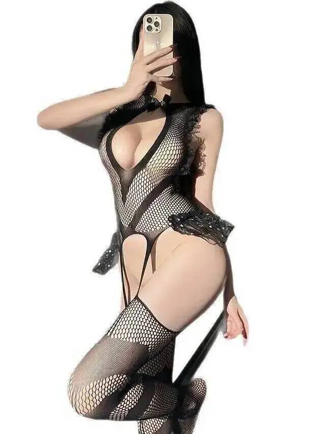 Fishnet Stocking Women - 섹시한 레이스 트림 피싱넷 바디스타킹, 등이